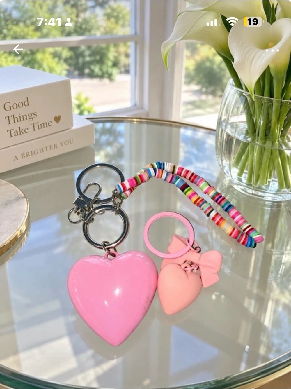 Pink Heart Keychain Duo with Multicolor Bead Strap - Kids Accessories